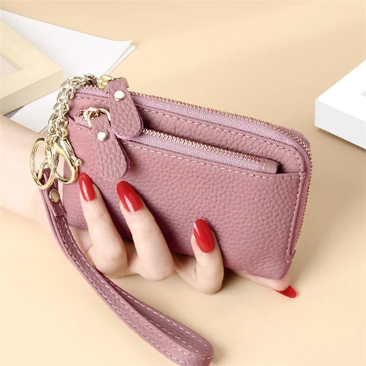 C30 Coin Card Holder Bag Top Layer Cowhide Leather Mini Wallet with Keychain and Wrist Strap