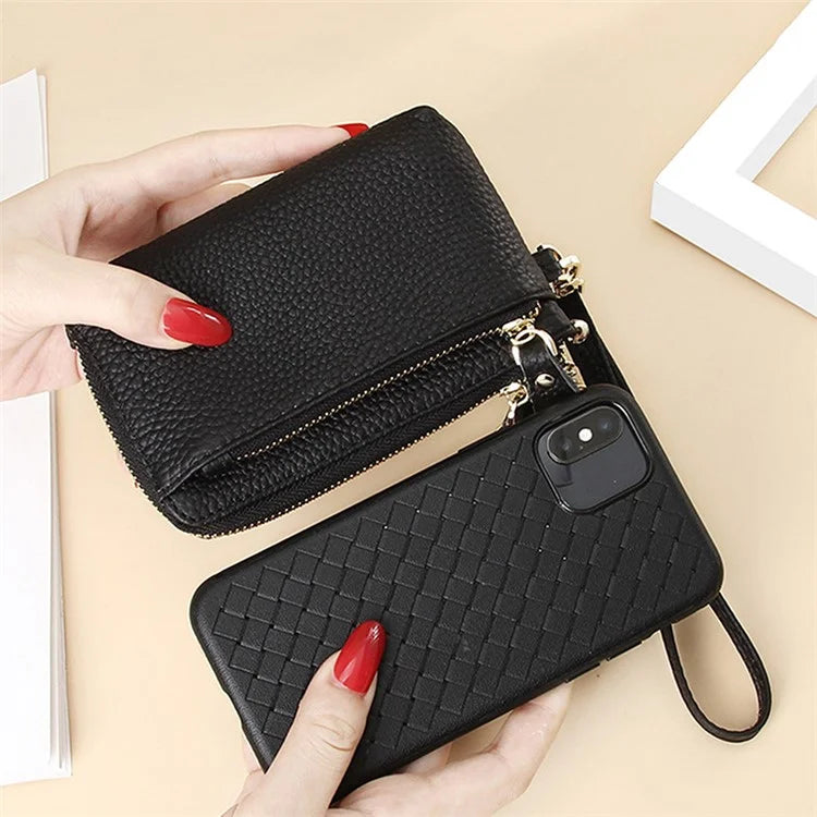 C30 Coin Card Holder Bag Top Layer Cowhide Leather Mini Wallet with Keychain and Wrist Strap