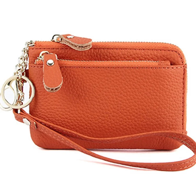 C30 Coin Card Holder Bag Top Layer Cowhide Leather Mini Wallet with Keychain and Wrist Strap