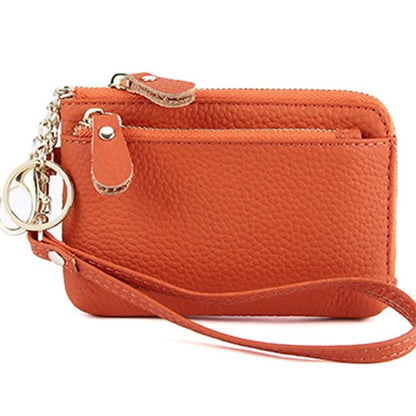 C30 Coin Card Holder Bag Top Layer Cowhide Leather Mini Wallet with Keychain and Wrist Strap