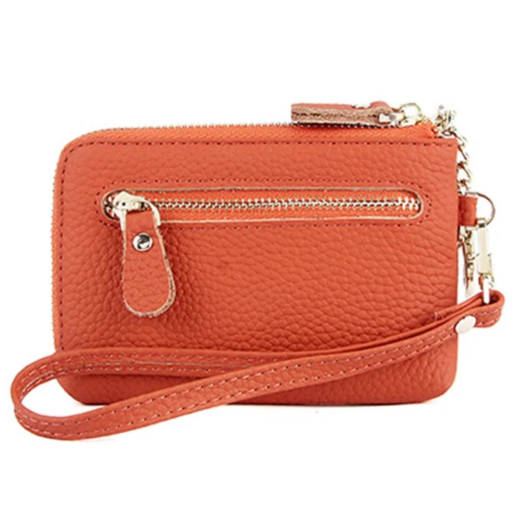 C30 Coin Card Holder Bag Top Layer Cowhide Leather Mini Wallet with Keychain and Wrist Strap