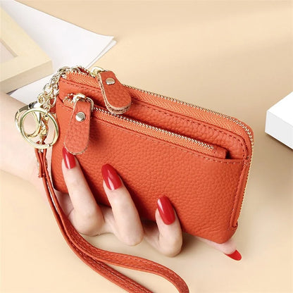 C30 Coin Card Holder Bag Top Layer Cowhide Leather Mini Wallet with Keychain and Wrist Strap