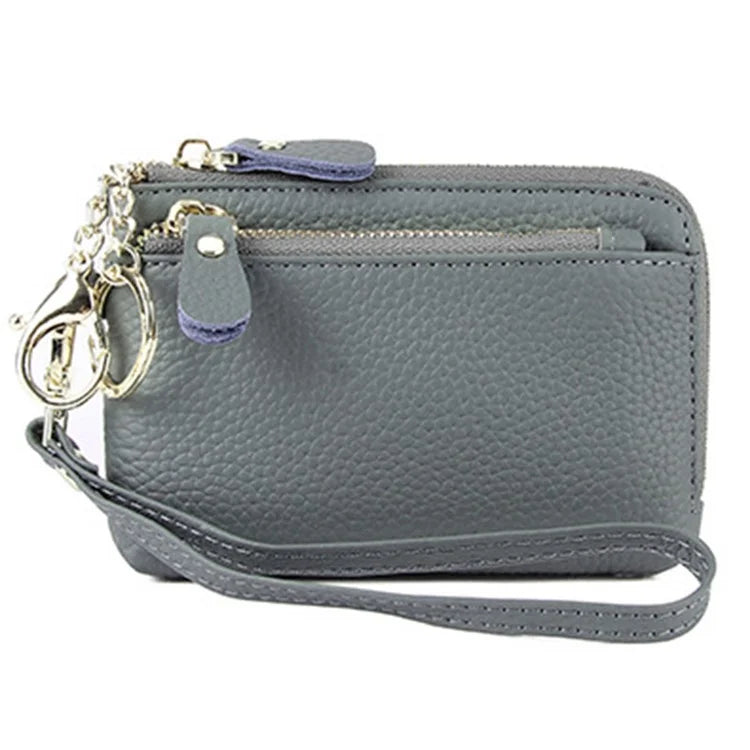 C30 Coin Card Holder Bag Top Layer Cowhide Leather Mini Wallet with Keychain and Wrist Strap