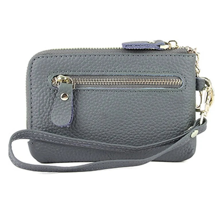 C30 Coin Card Holder Bag Top Layer Cowhide Leather Mini Wallet with Keychain and Wrist Strap