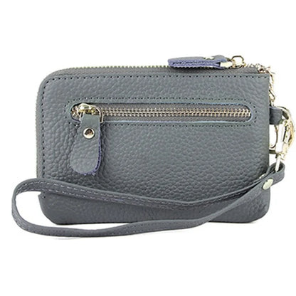 C30 Coin Card Holder Bag Top Layer Cowhide Leather Mini Wallet with Keychain and Wrist Strap