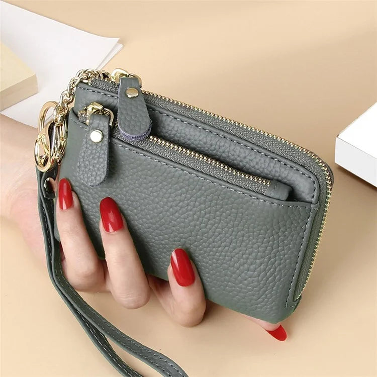 C30 Coin Card Holder Bag Top Layer Cowhide Leather Mini Wallet with Keychain and Wrist Strap