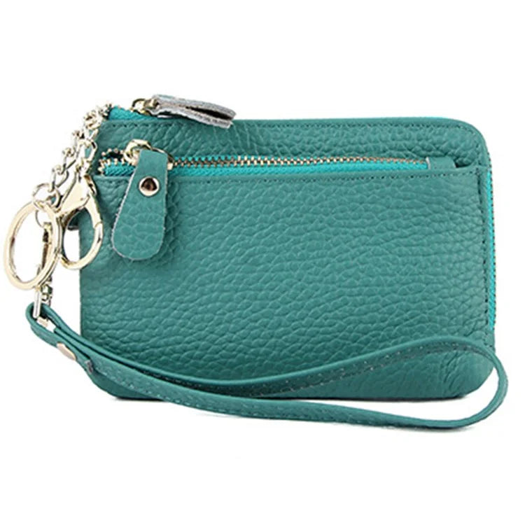 C30 Coin Card Holder Bag Top Layer Cowhide Leather Mini Wallet with Keychain and Wrist Strap