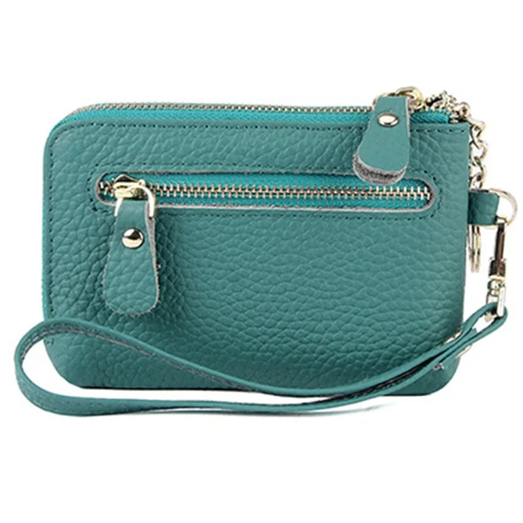 C30 Coin Card Holder Bag Top Layer Cowhide Leather Mini Wallet with Keychain and Wrist Strap