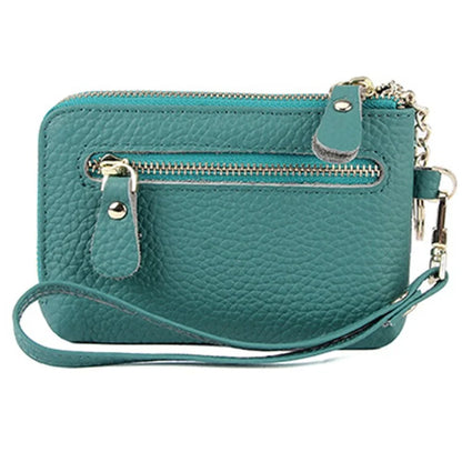 C30 Coin Card Holder Bag Top Layer Cowhide Leather Mini Wallet with Keychain and Wrist Strap