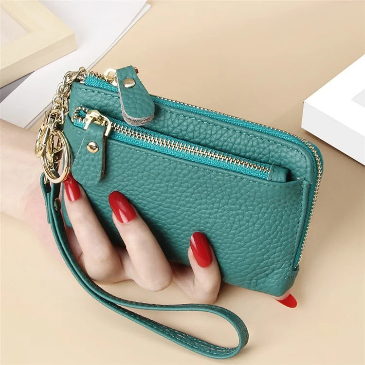C30 Coin Card Holder Bag Top Layer Cowhide Leather Mini Wallet with Keychain and Wrist Strap