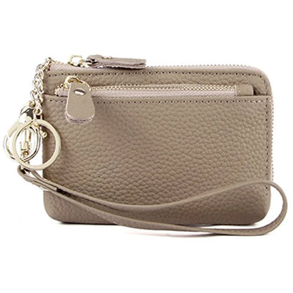 C30 Coin Card Holder Bag Top Layer Cowhide Leather Mini Wallet with Keychain and Wrist Strap