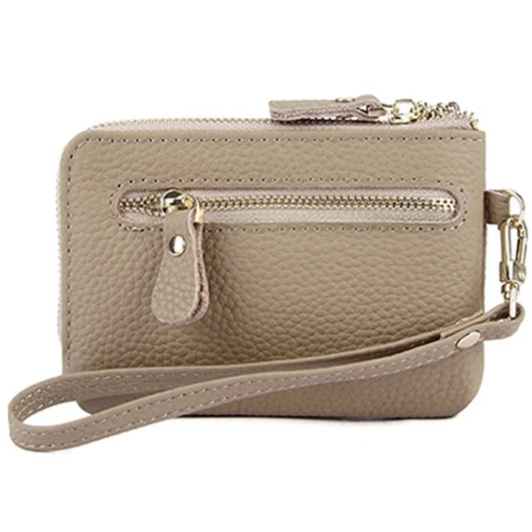 C30 Coin Card Holder Bag Top Layer Cowhide Leather Mini Wallet with Keychain and Wrist Strap