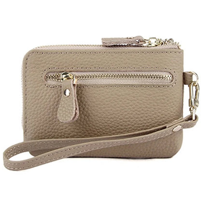 C30 Coin Card Holder Bag Top Layer Cowhide Leather Mini Wallet with Keychain and Wrist Strap