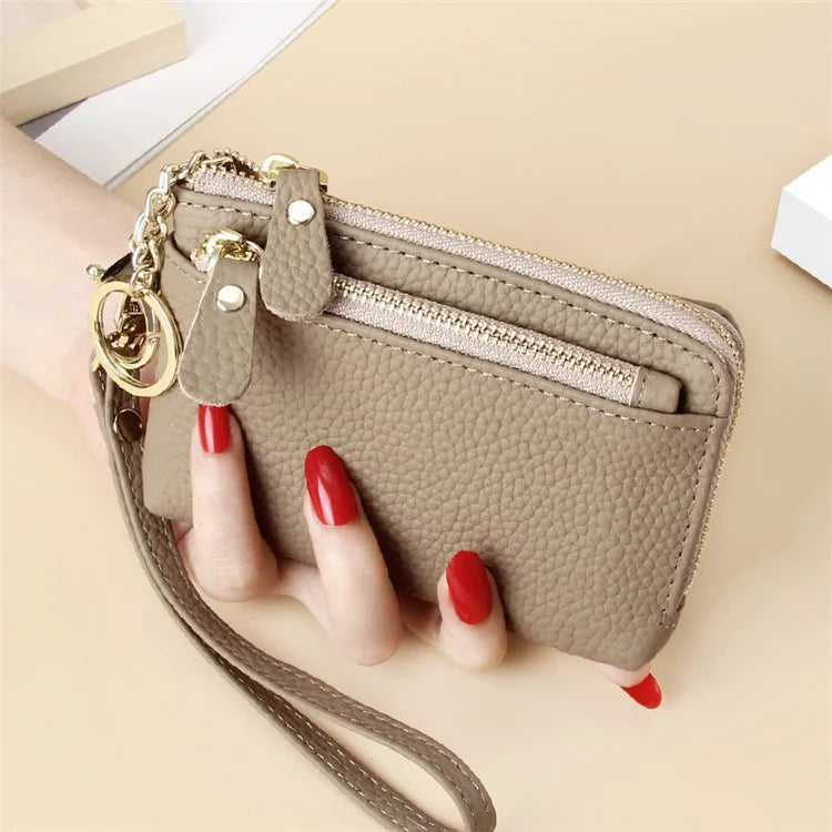 C30 Coin Card Holder Bag Top Layer Cowhide Leather Mini Wallet with Keychain and Wrist Strap