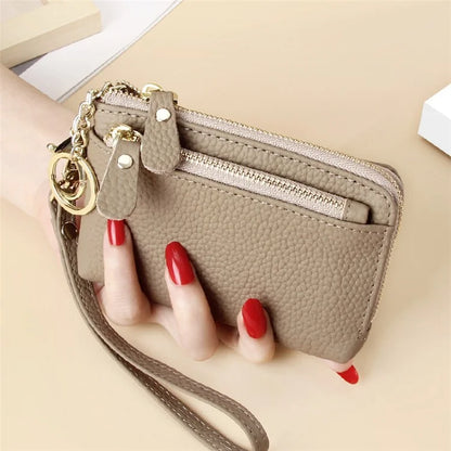 C30 Coin Card Holder Bag Top Layer Cowhide Leather Mini Wallet with Keychain and Wrist Strap
