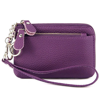 C30 Coin Card Holder Bag Top Layer Cowhide Leather Mini Wallet with Keychain and Wrist Strap