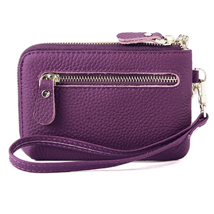 C30 Coin Card Holder Bag Top Layer Cowhide Leather Mini Wallet with Keychain and Wrist Strap
