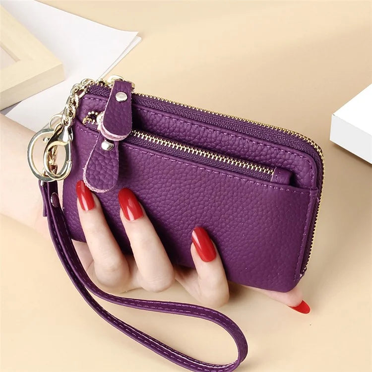 C30 Coin Card Holder Bag Top Layer Cowhide Leather Mini Wallet with Keychain and Wrist Strap