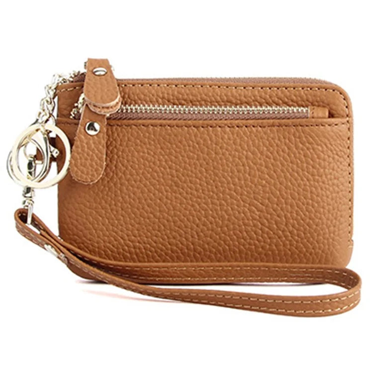 C30 Coin Card Holder Bag Top Layer Cowhide Leather Mini Wallet with Keychain and Wrist Strap