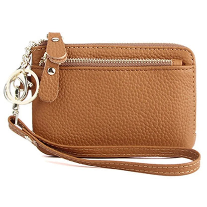 C30 Coin Card Holder Bag Top Layer Cowhide Leather Mini Wallet with Keychain and Wrist Strap