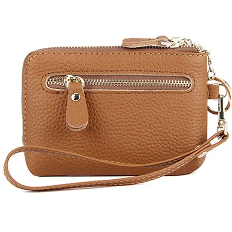 C30 Coin Card Holder Bag Top Layer Cowhide Leather Mini Wallet with Keychain and Wrist Strap
