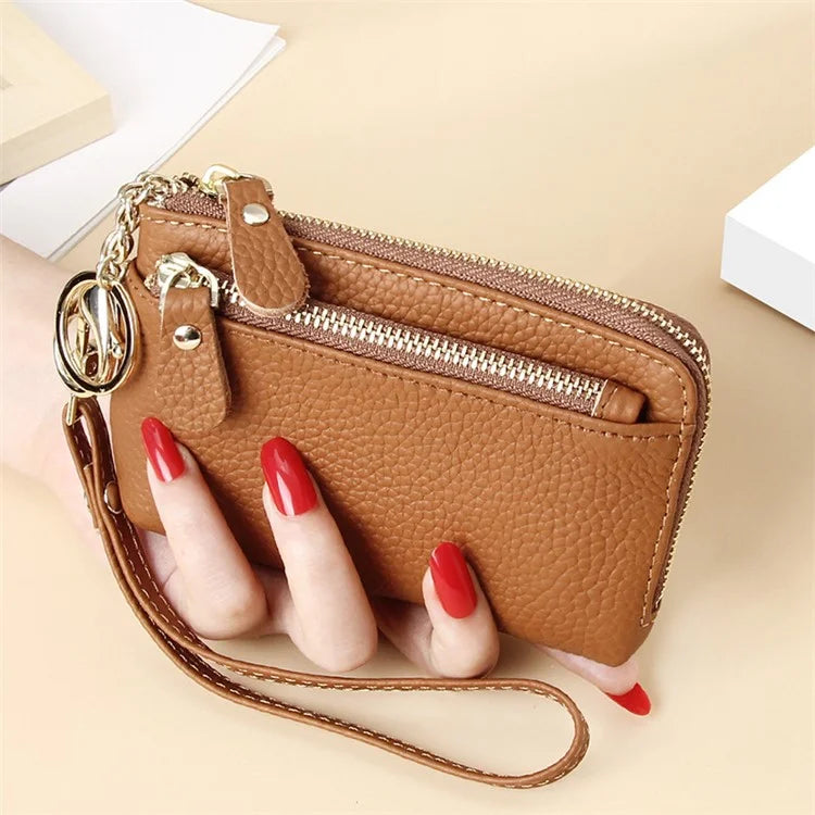 C30 Coin Card Holder Bag Top Layer Cowhide Leather Mini Wallet with Keychain and Wrist Strap
