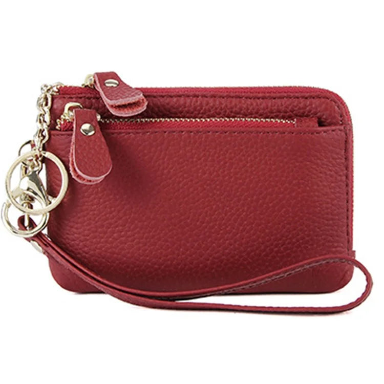 C30 Coin Card Holder Bag Top Layer Cowhide Leather Mini Wallet with Keychain and Wrist Strap