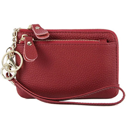 C30 Coin Card Holder Bag Top Layer Cowhide Leather Mini Wallet with Keychain and Wrist Strap