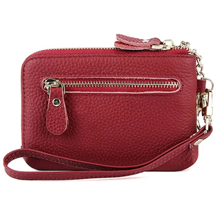 C30 Coin Card Holder Bag Top Layer Cowhide Leather Mini Wallet with Keychain and Wrist Strap