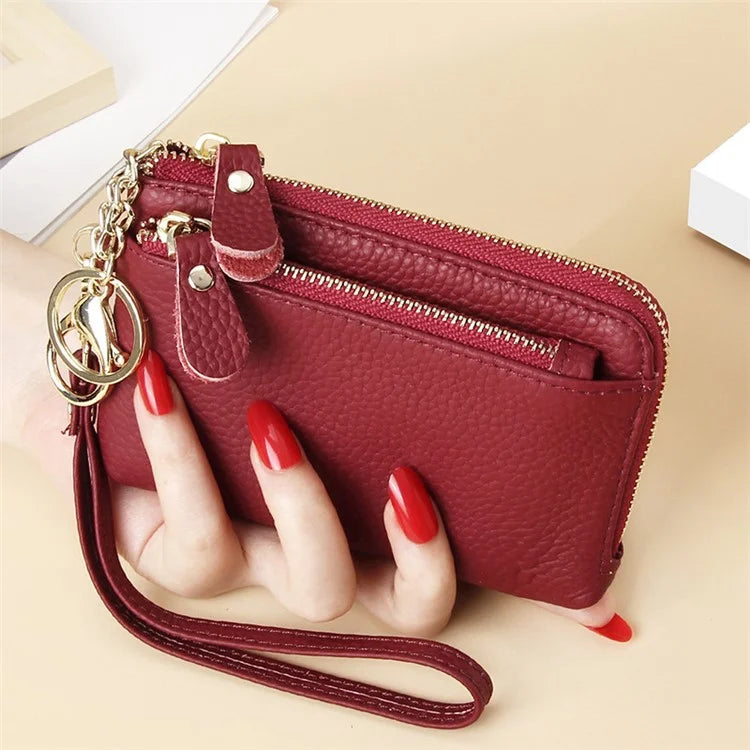 C30 Coin Card Holder Bag Top Layer Cowhide Leather Mini Wallet with Keychain and Wrist Strap