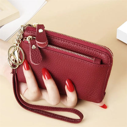 C30 Coin Card Holder Bag Top Layer Cowhide Leather Mini Wallet with Keychain and Wrist Strap