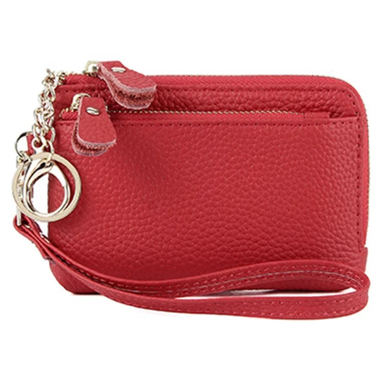 C30 Coin Card Holder Bag Top Layer Cowhide Leather Mini Wallet with Keychain and Wrist Strap