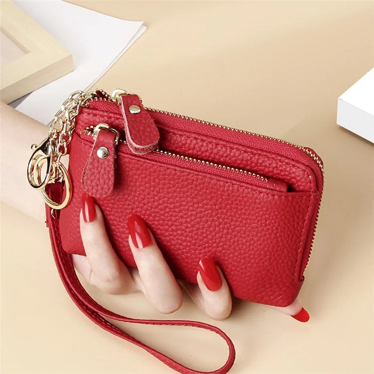 C30 Coin Card Holder Bag Top Layer Cowhide Leather Mini Wallet with Keychain and Wrist Strap