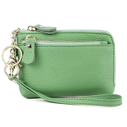 C30 Coin Card Holder Bag Top Layer Cowhide Leather Mini Wallet with Keychain and Wrist Strap