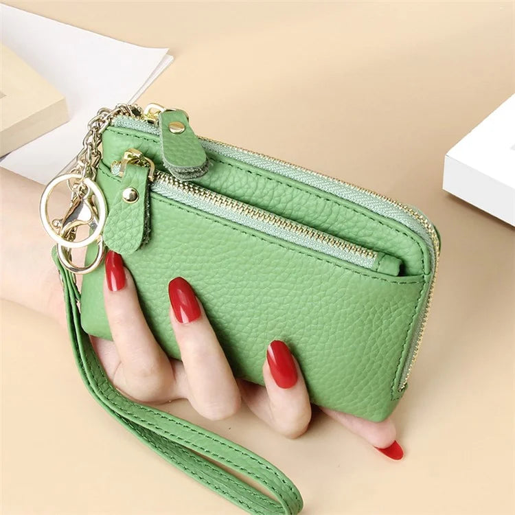 C30 Coin Card Holder Bag Top Layer Cowhide Leather Mini Wallet with Keychain and Wrist Strap