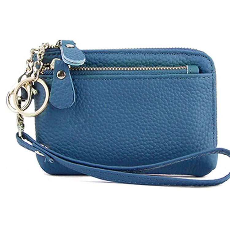 C30 Coin Card Holder Bag Top Layer Cowhide Leather Mini Wallet with Keychain and Wrist Strap