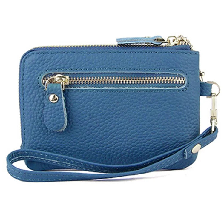 C30 Coin Card Holder Bag Top Layer Cowhide Leather Mini Wallet with Keychain and Wrist Strap