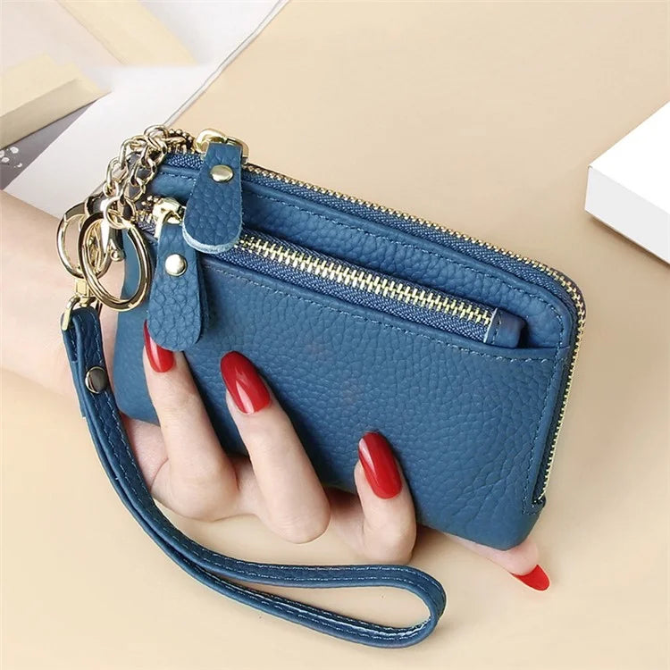 C30 Coin Card Holder Bag Top Layer Cowhide Leather Mini Wallet with Keychain and Wrist Strap