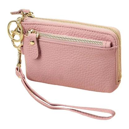 C30 Coin Card Holder Bag Top Layer Cowhide Leather Mini Wallet with Keychain and Wrist Strap