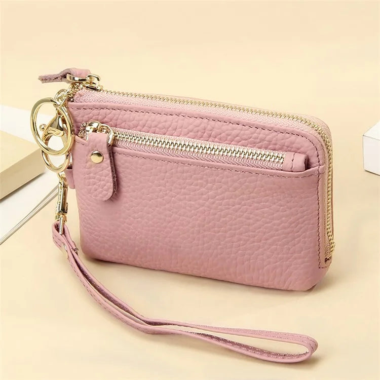 C30 Coin Card Holder Bag Top Layer Cowhide Leather Mini Wallet with Keychain and Wrist Strap