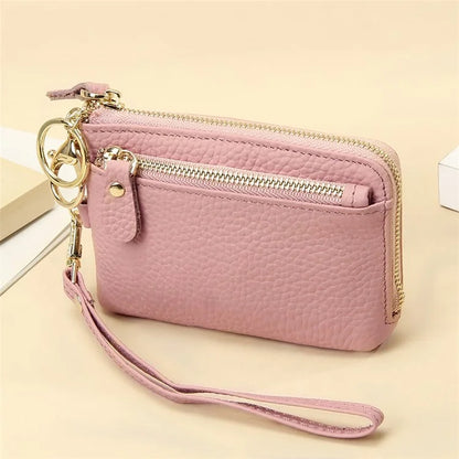 C30 Coin Card Holder Bag Top Layer Cowhide Leather Mini Wallet with Keychain and Wrist Strap