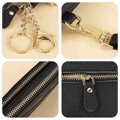 C30 Coin Card Holder Bag Top Layer Cowhide Leather Mini Wallet with Keychain and Wrist Strap