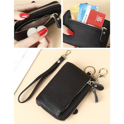 C30 Coin Card Holder Bag Top Layer Cowhide Leather Mini Wallet with Keychain and Wrist Strap