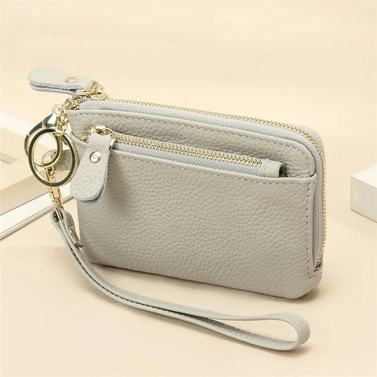 C30 Coin Card Holder Bag Top Layer Cowhide Leather Mini Wallet with Keychain and Wrist Strap