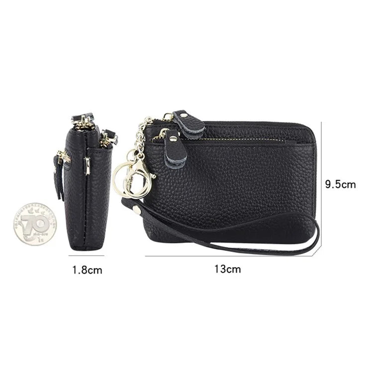 C30 Coin Card Holder Bag Top Layer Cowhide Leather Mini Wallet with Keychain and Wrist Strap