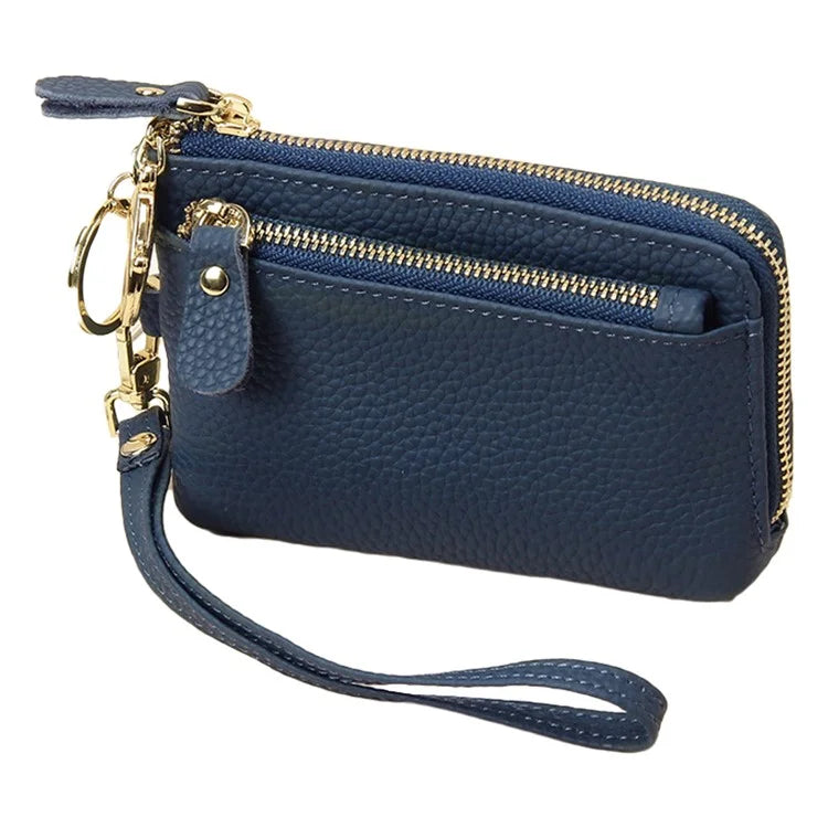 C30 Coin Card Holder Bag Top Layer Cowhide Leather Mini Wallet with Keychain and Wrist Strap