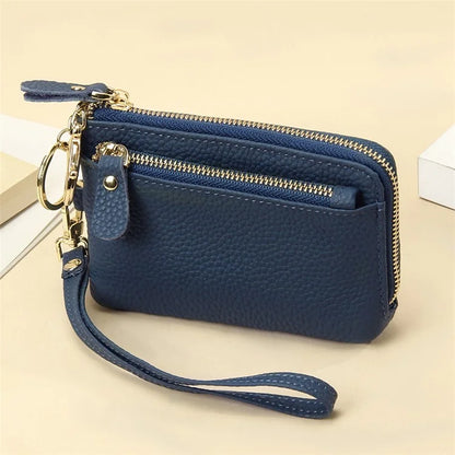 C30 Coin Card Holder Bag Top Layer Cowhide Leather Mini Wallet with Keychain and Wrist Strap