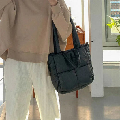 Soft Polyester Down Puffer Tote Shoulder Bag Quilted Top-Handle Handbag Daypack