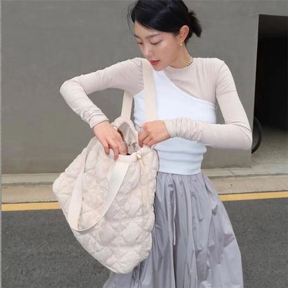 Large Capacity Rhombus Grid Design Women Tote Bag Nylon Single Shoulder Bag