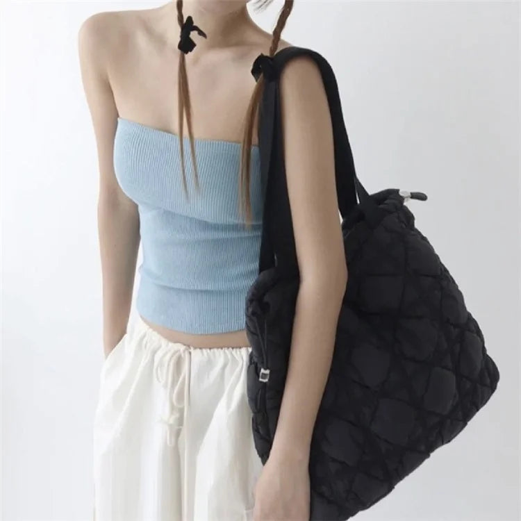 Large Capacity Rhombus Grid Design Women Tote Bag Nylon Single Shoulder Bag